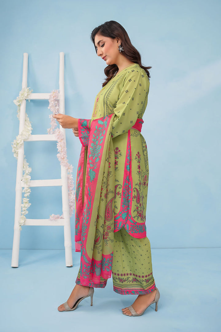 Poly Lawn Digital Printed Lime Green Stitched Suit - Ochre