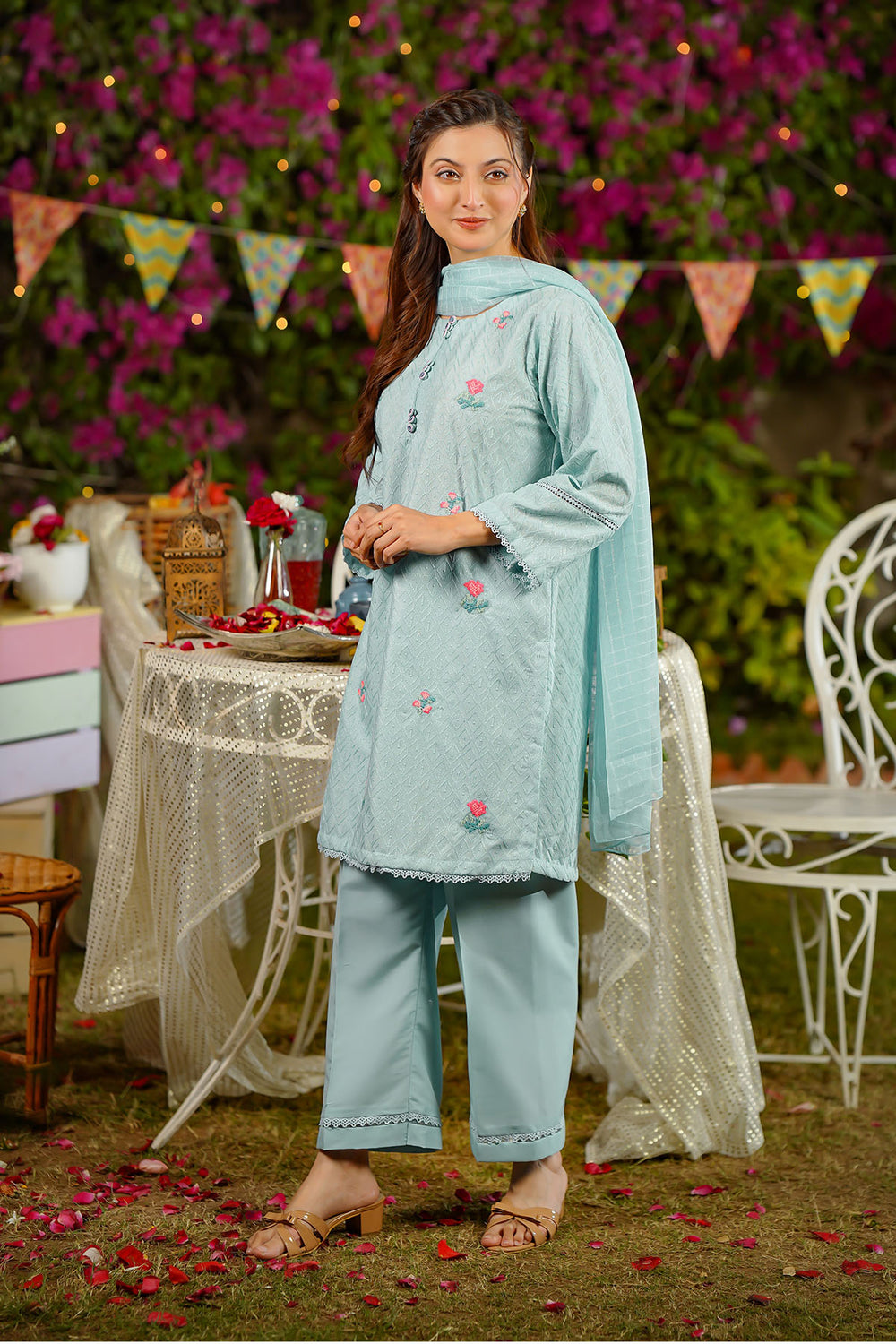 Chikankari Embroidered Blue Stitched Suit - Ochre