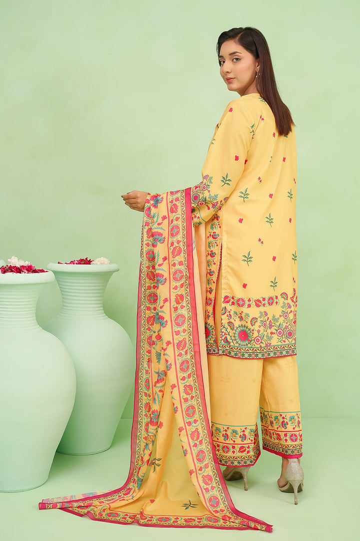 Poly Lawn Digital Printed Lime Green Stitched Suit - Ochre