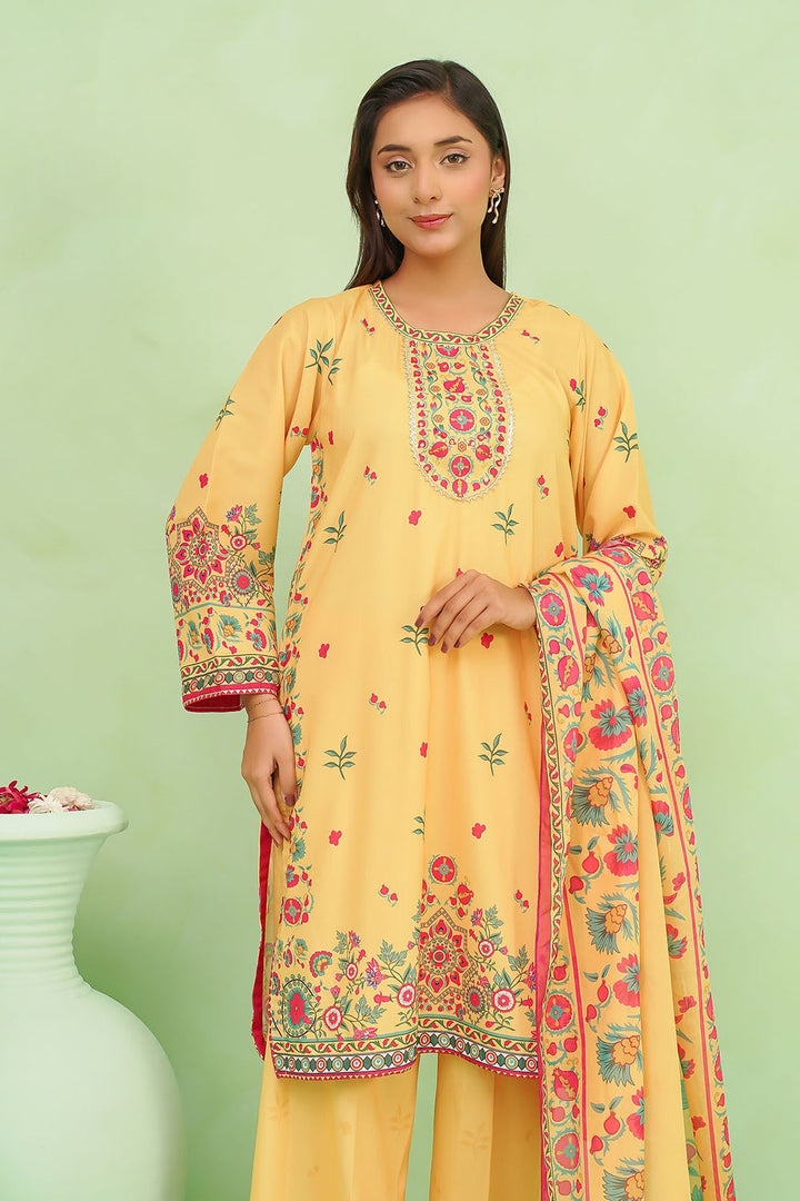Poly Lawn Digital Printed Mustard Stitched Suit - Ochre