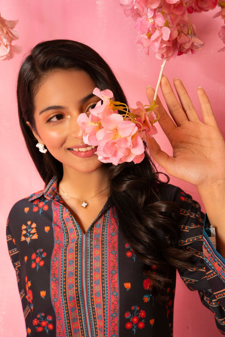 Swiss Lawn Digital Printed Black Stitched Suit - Ochre