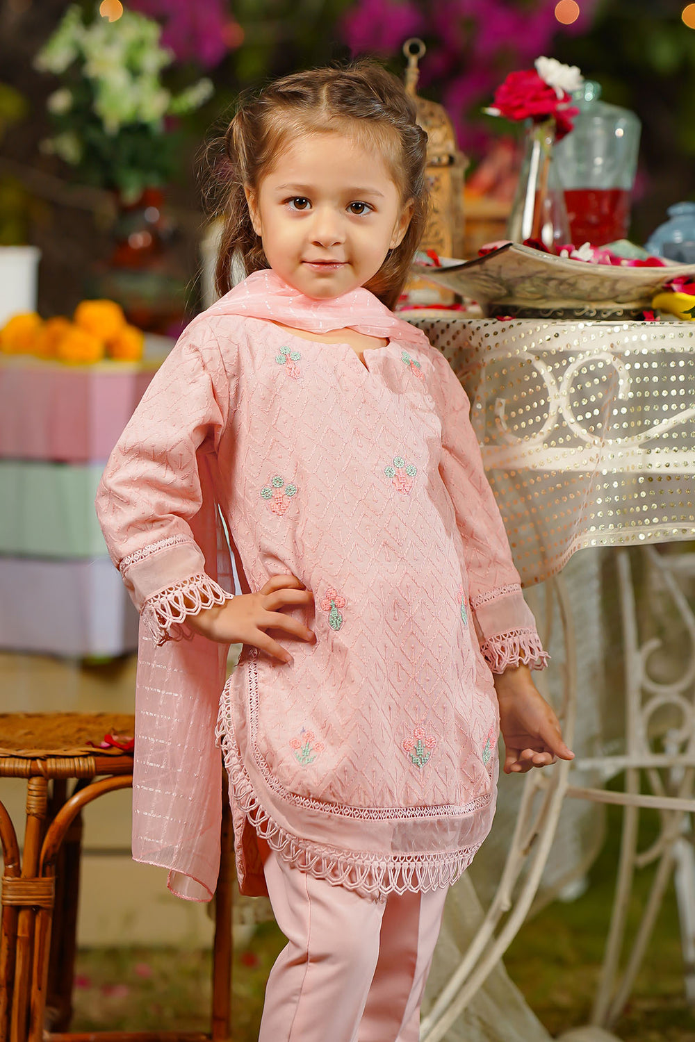 Chikankari Embroidered Tea Pink Stitched Suit - Ochre