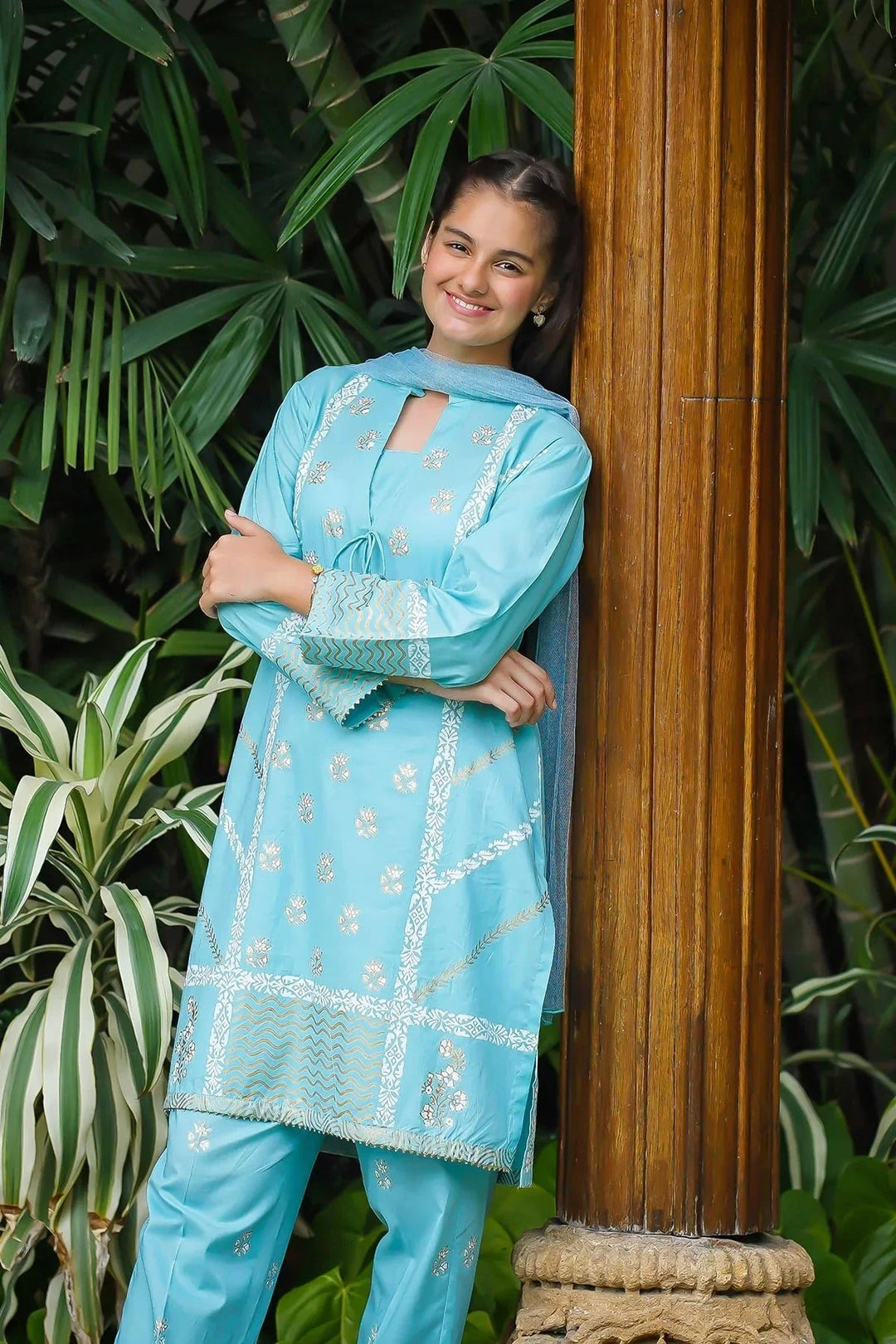 Khaddar Embellished Sky Blue Stitched Suit - Ochre
