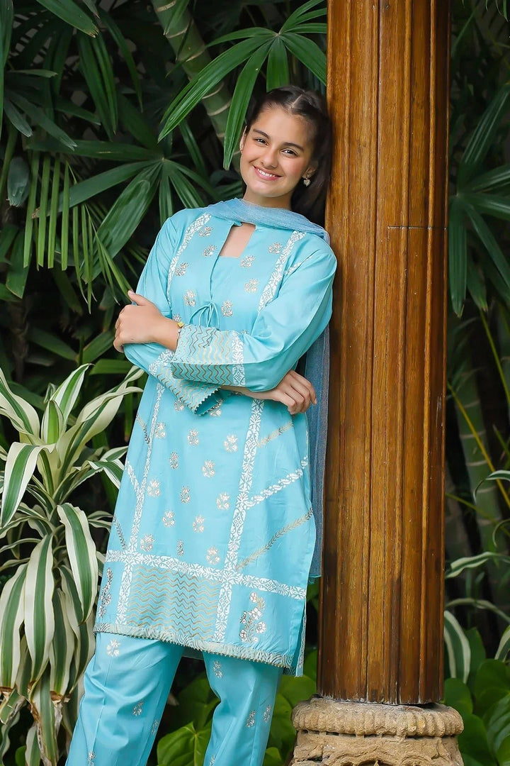 Khaddar Embellished Sky Blue Stitched Suit - Ochre