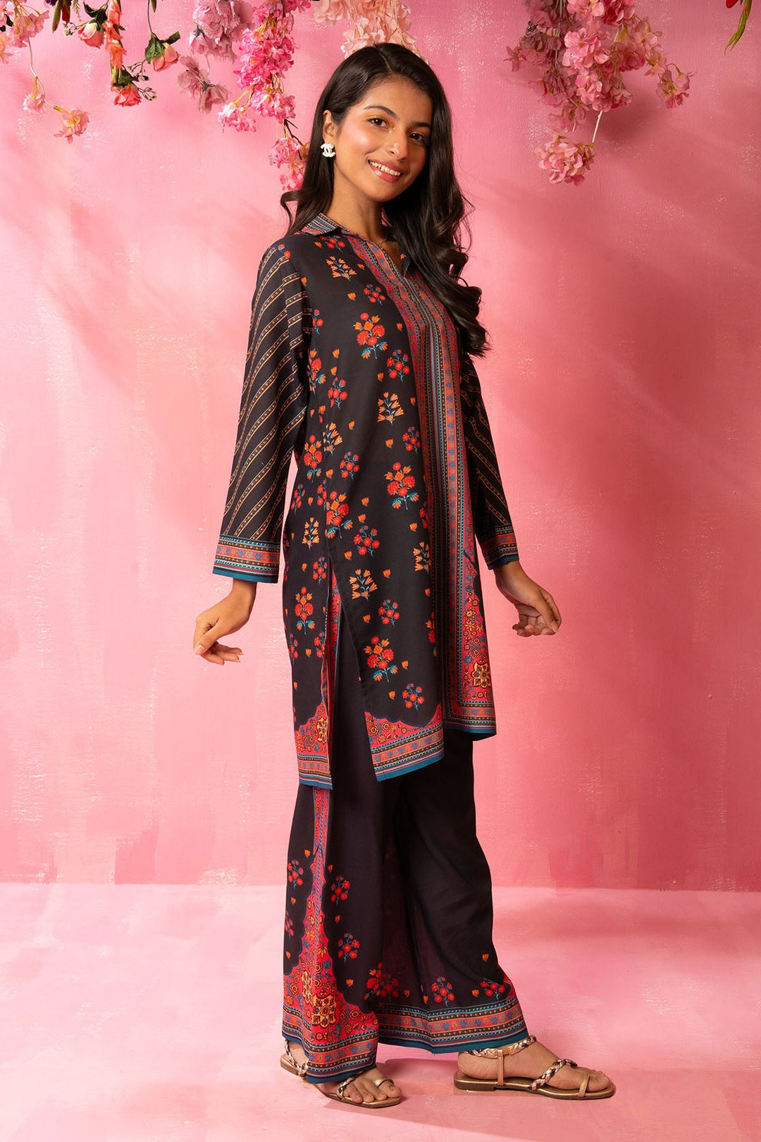 Swiss Lawn Digital Printed Black Stitched Suit - Ochre