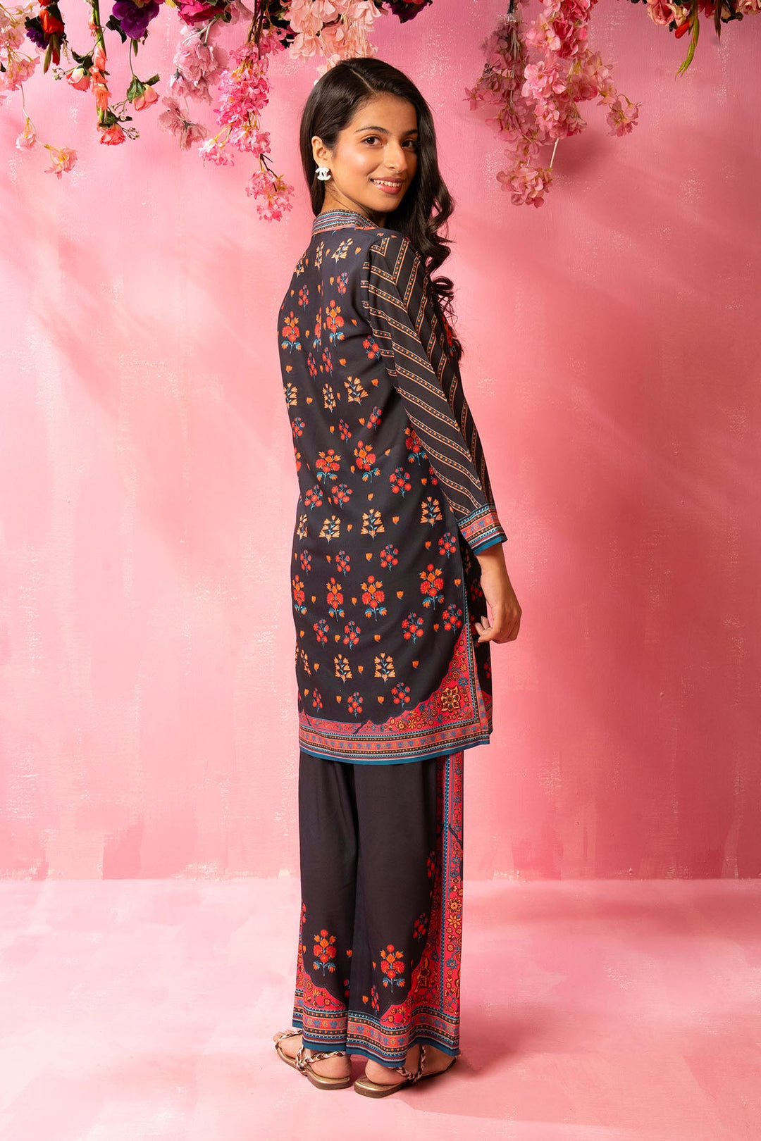 Swiss Lawn Digital Printed Black Stitched Suit - Ochre