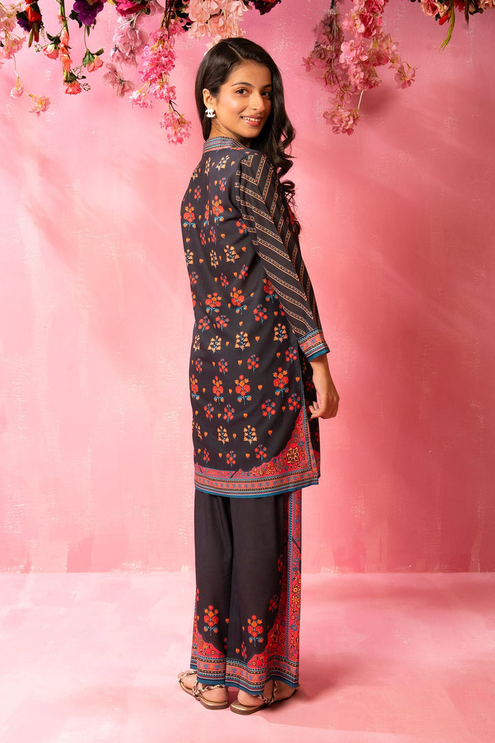 Swiss Lawn Digital Printed Black Stitched Suit - Ochre