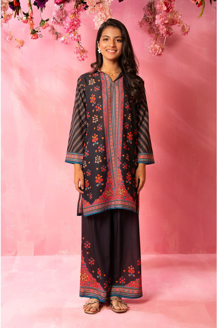 Swiss Lawn Digital Printed Black Stitched Suit - Ochre