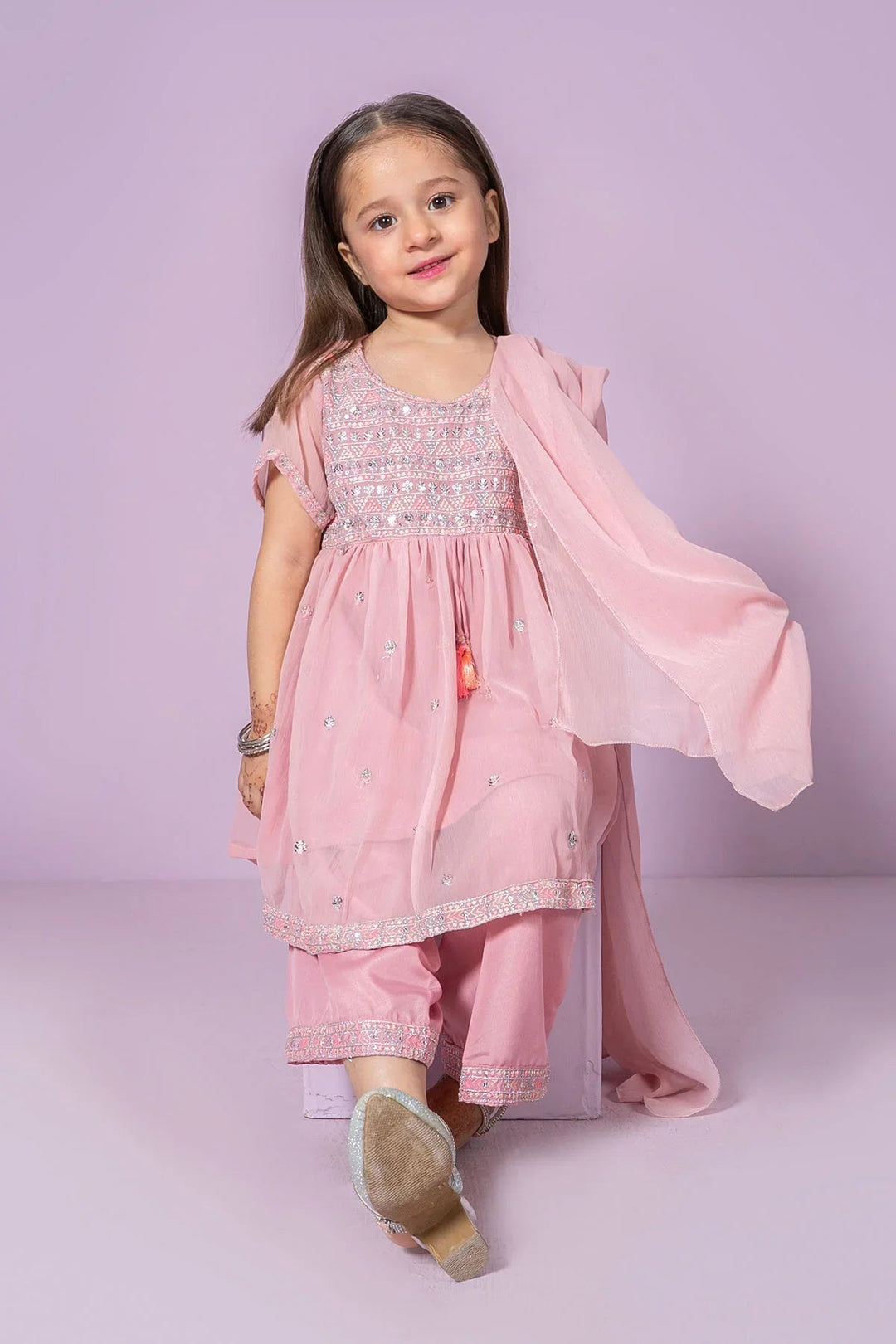 Chiffon Embroidered Tea Pink Stitched Suit - Ochre