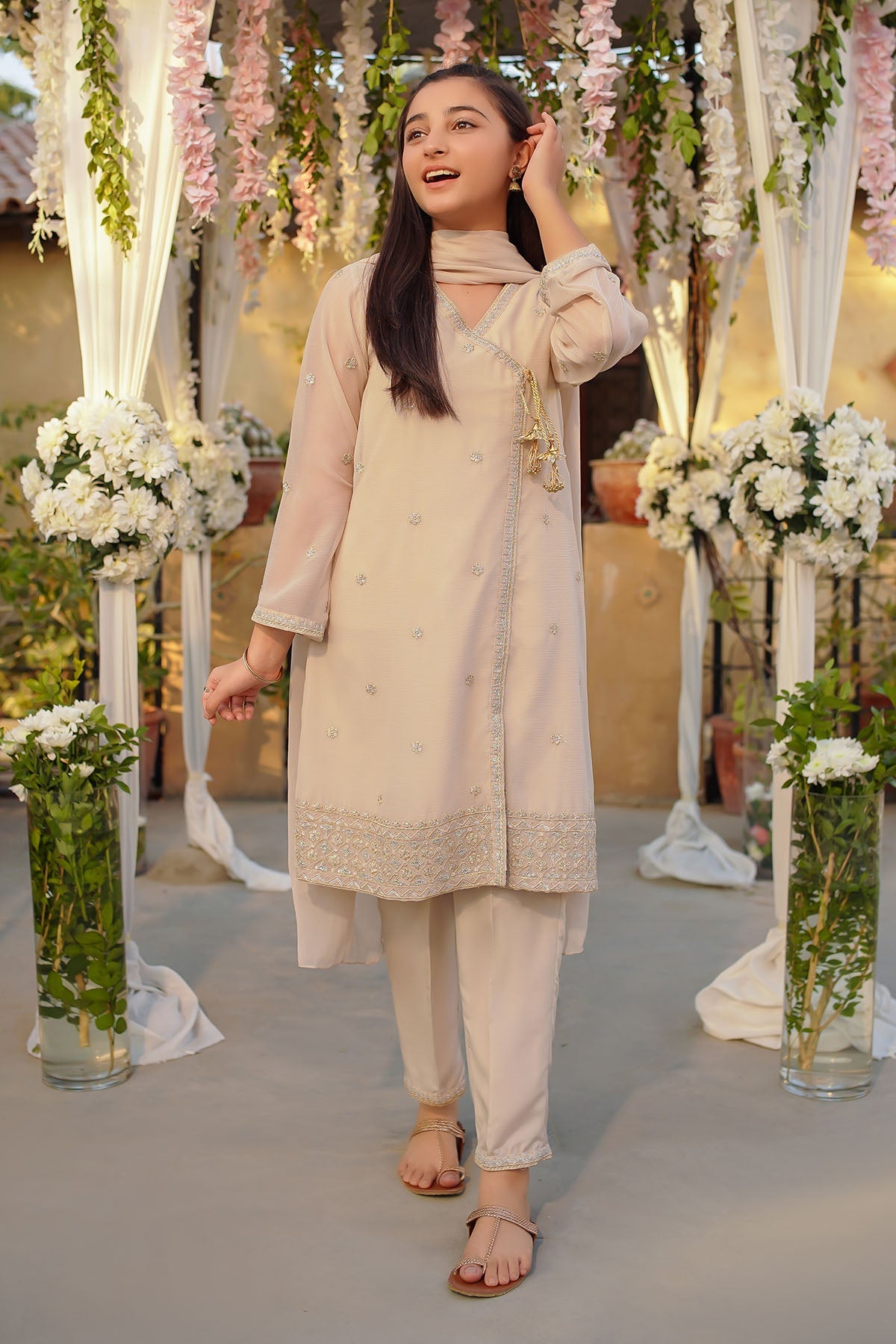 Chiffon Embroidered Beige Stitched Suit - Ochre