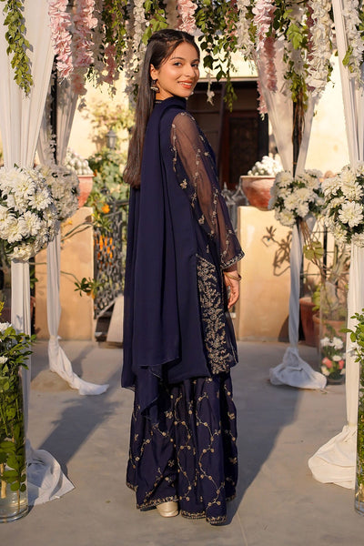 Chiffon Embroidered Navybl Stitched Suit - Ochre