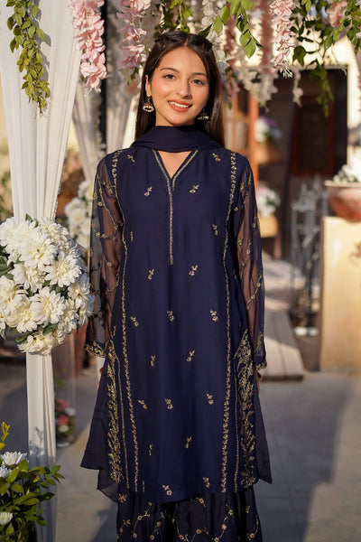 Chiffon Embroidered Navybl Stitched Suit - Ochre