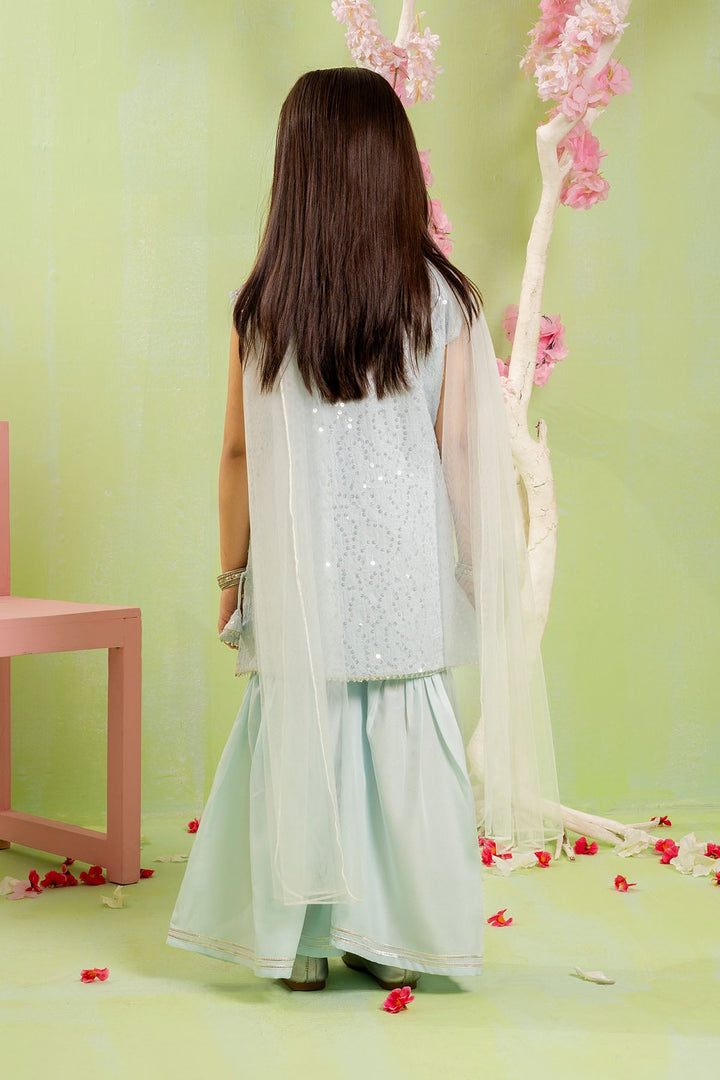 Sequence Embroidered Net Blue Stitched Suit - Ochre