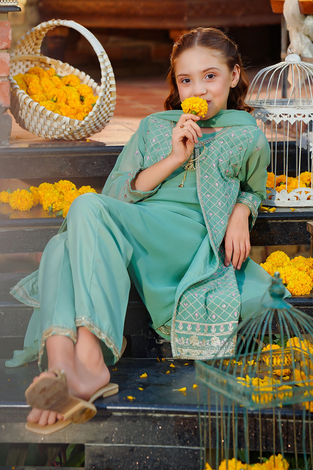 Chiffon Embroidered Pista Green Stitched Suit - Ochre