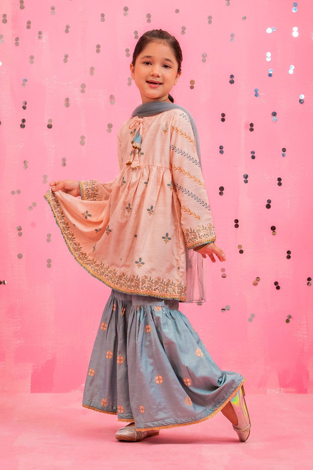 Cotton Silk Printed Peach Stitched Suit - Ochre