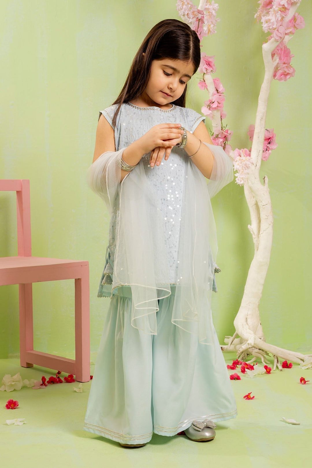 Sequence Embroidered Net Blue Stitched Suit - Ochre