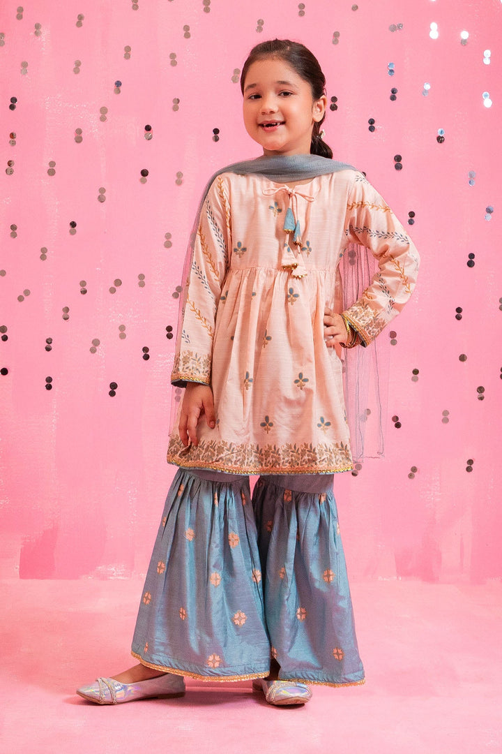Cotton Silk Printed Peach Stitched Suit - Ochre
