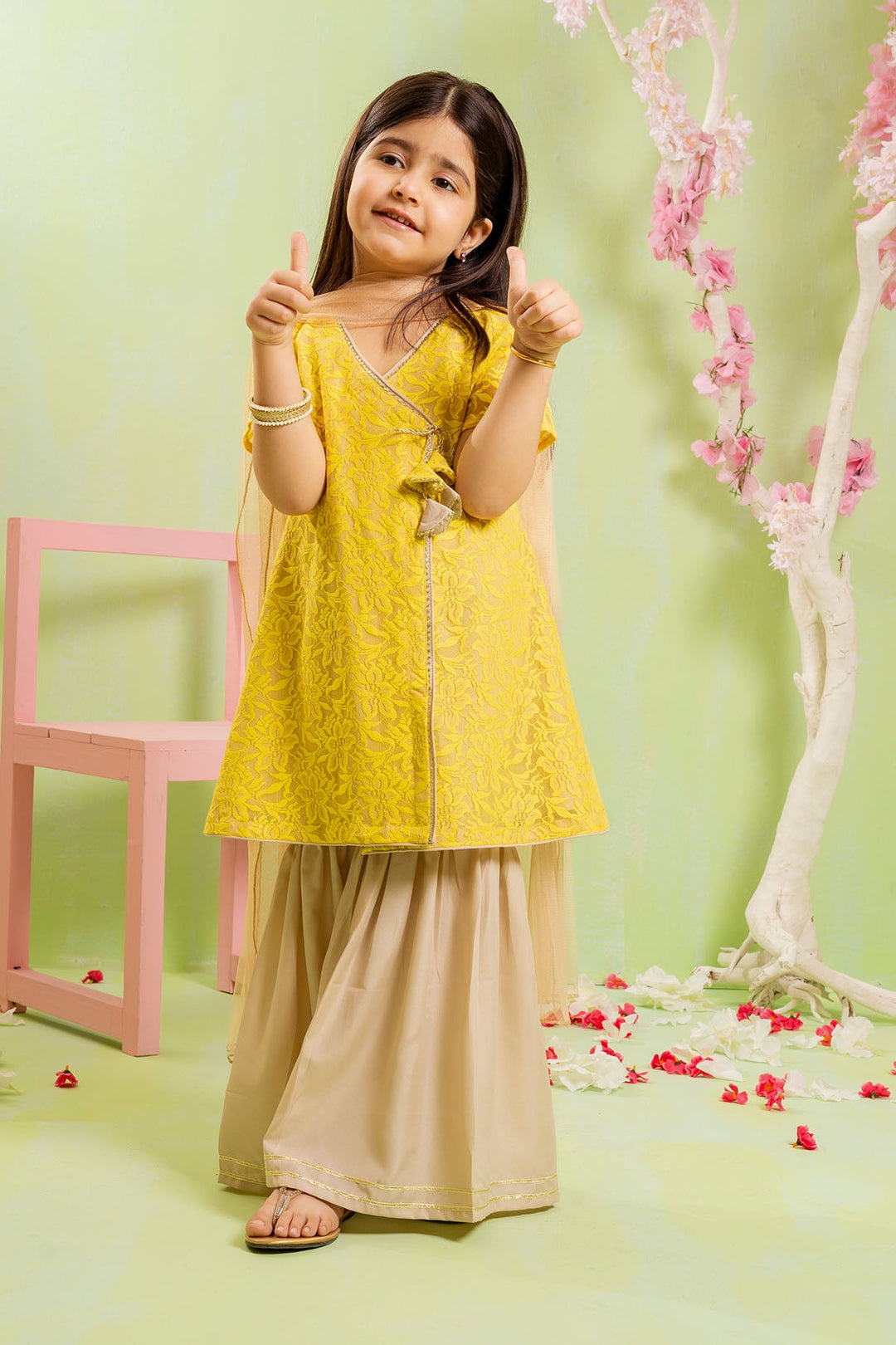 Net Yellow Stitched Suit - Ochre