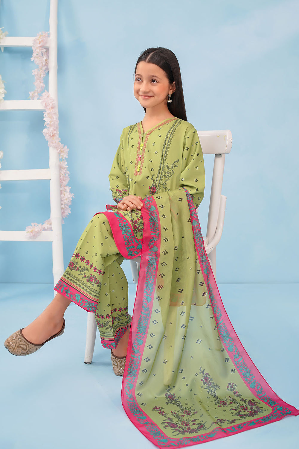 Poly Lawn Digital Printed Lime Green Stitched Suit - Ochre
