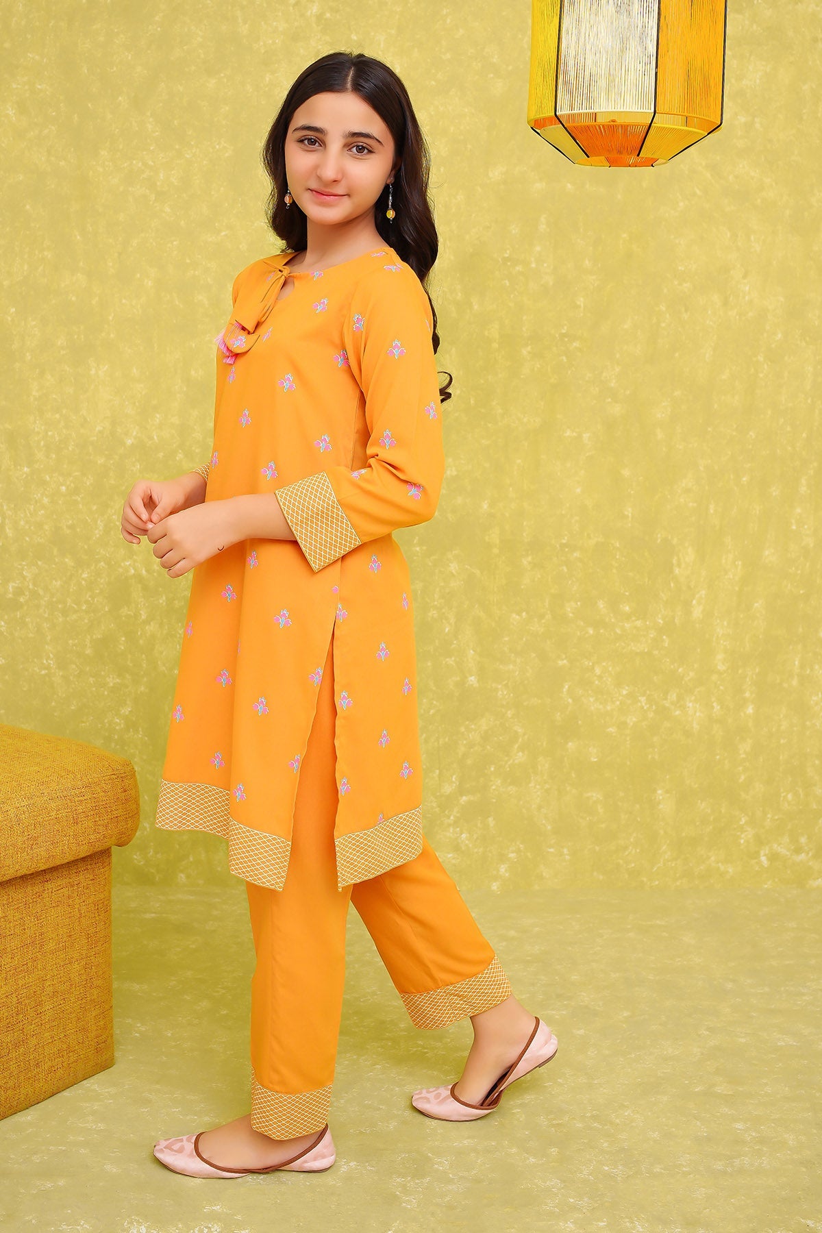 Cotton Printed Mustard Stitched Suit - Ochre