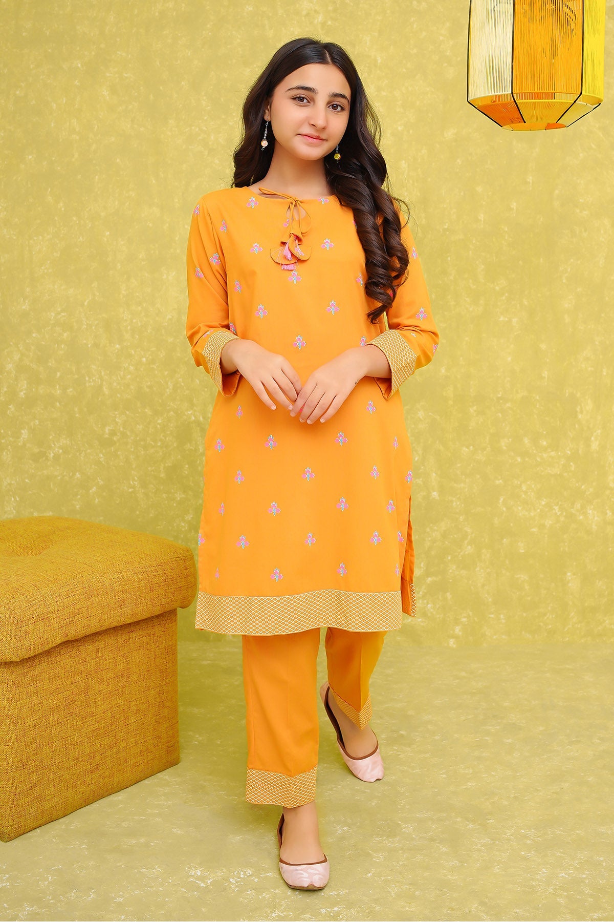 Cotton Printed Mustard Stitched Suit - Ochre