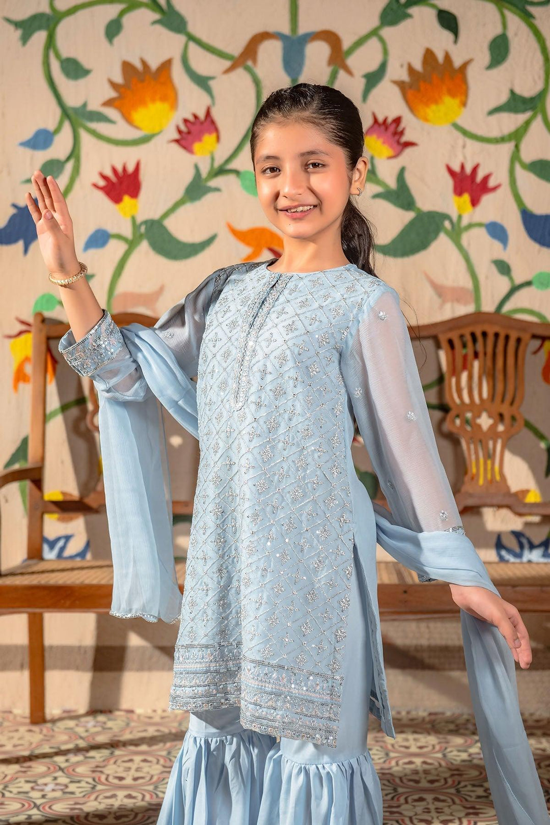 Chiffon Embroidered Blue Stitched Suit - Ochre