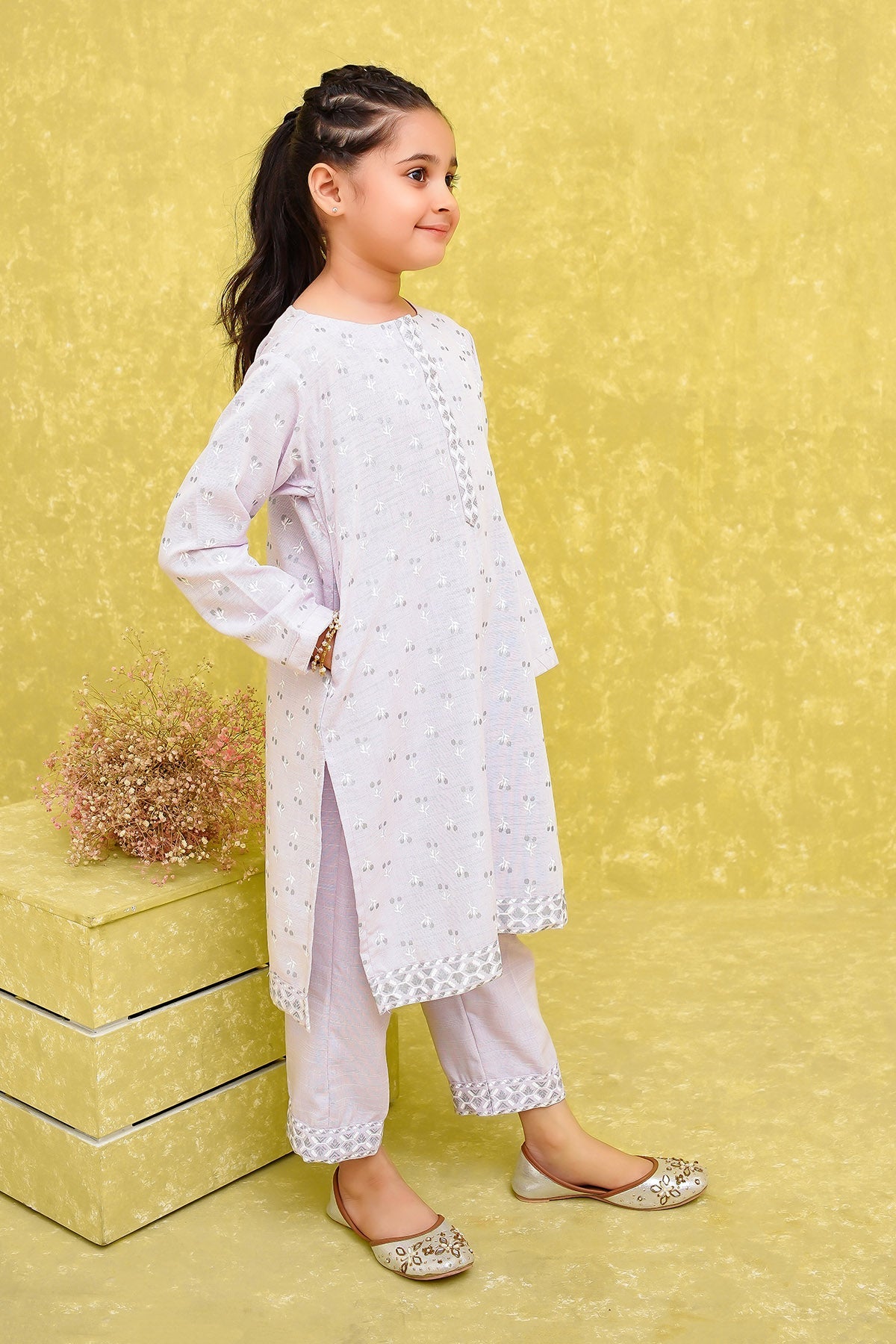 Cotton Chambray Printed Lilac Stitched Suit - Ochre