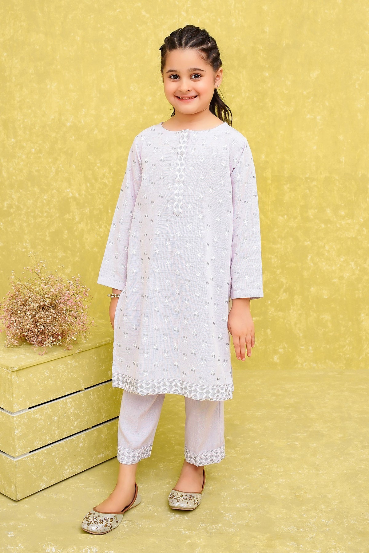 Cotton Chambray Printed Lilac Stitched Suit - Ochre