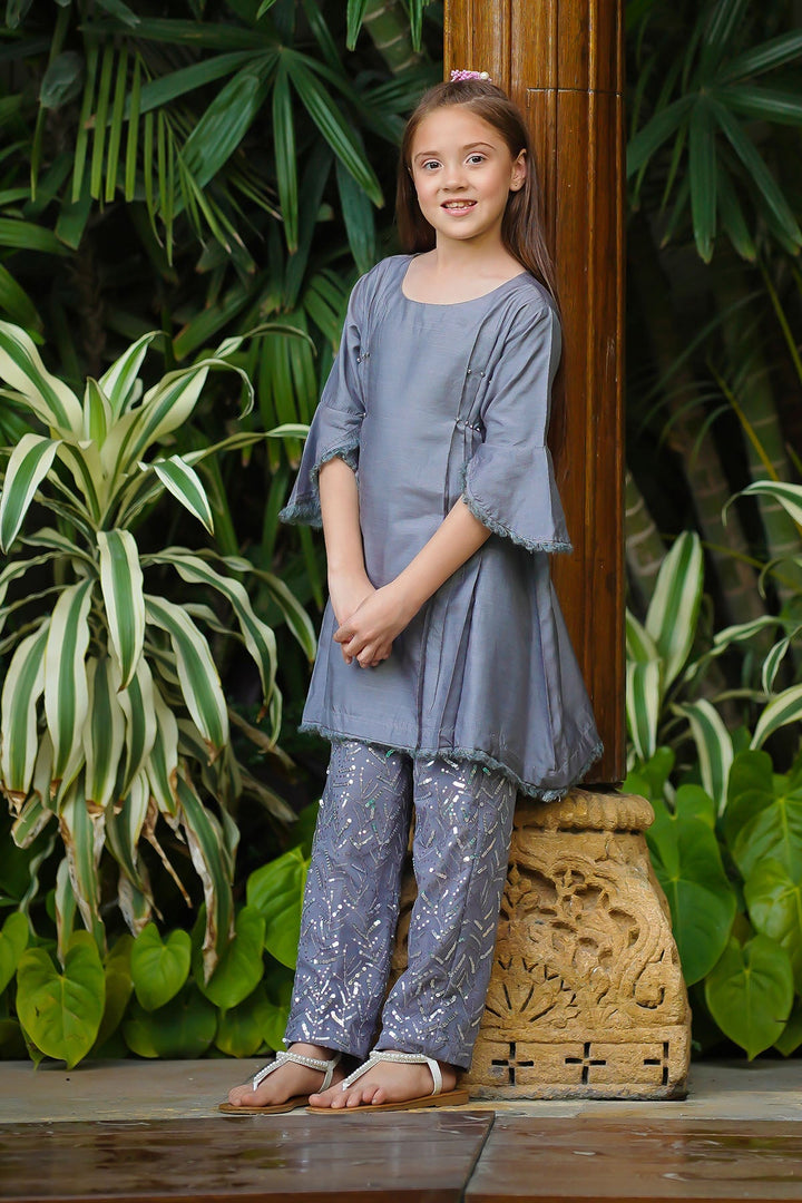 Cotton Silk Embellished Grey Stitched Suit - Ochre