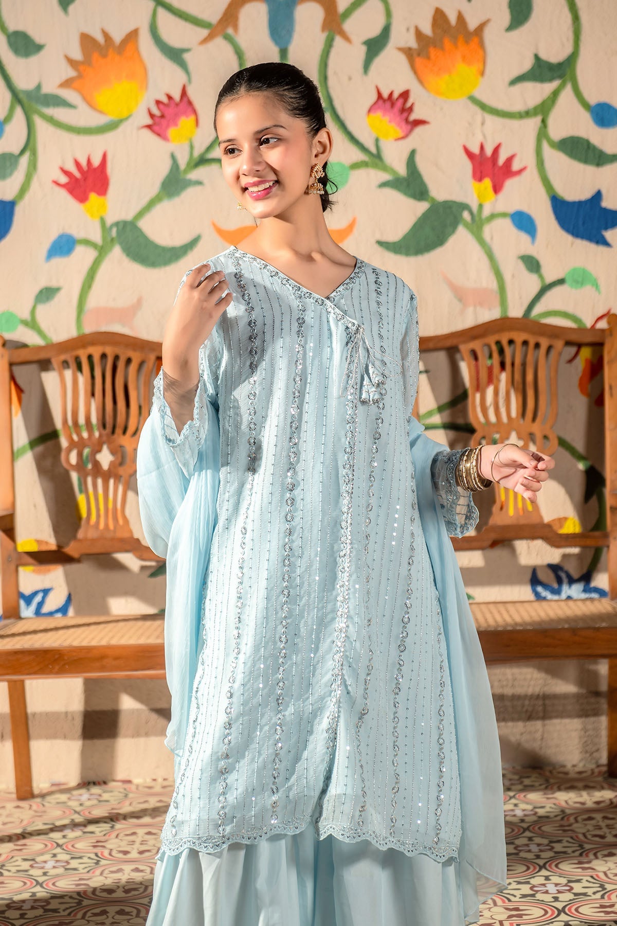 Chiffon Embroidered Blue Stitched Suit - Ochre