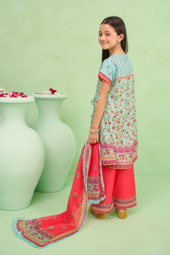 Poly Lawn Digital Printed Blue Stitched Suit - Ochre