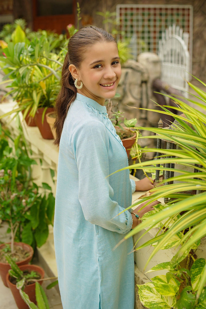 Khaddar Embellished Sky Blue Stitched Suit - Ochre