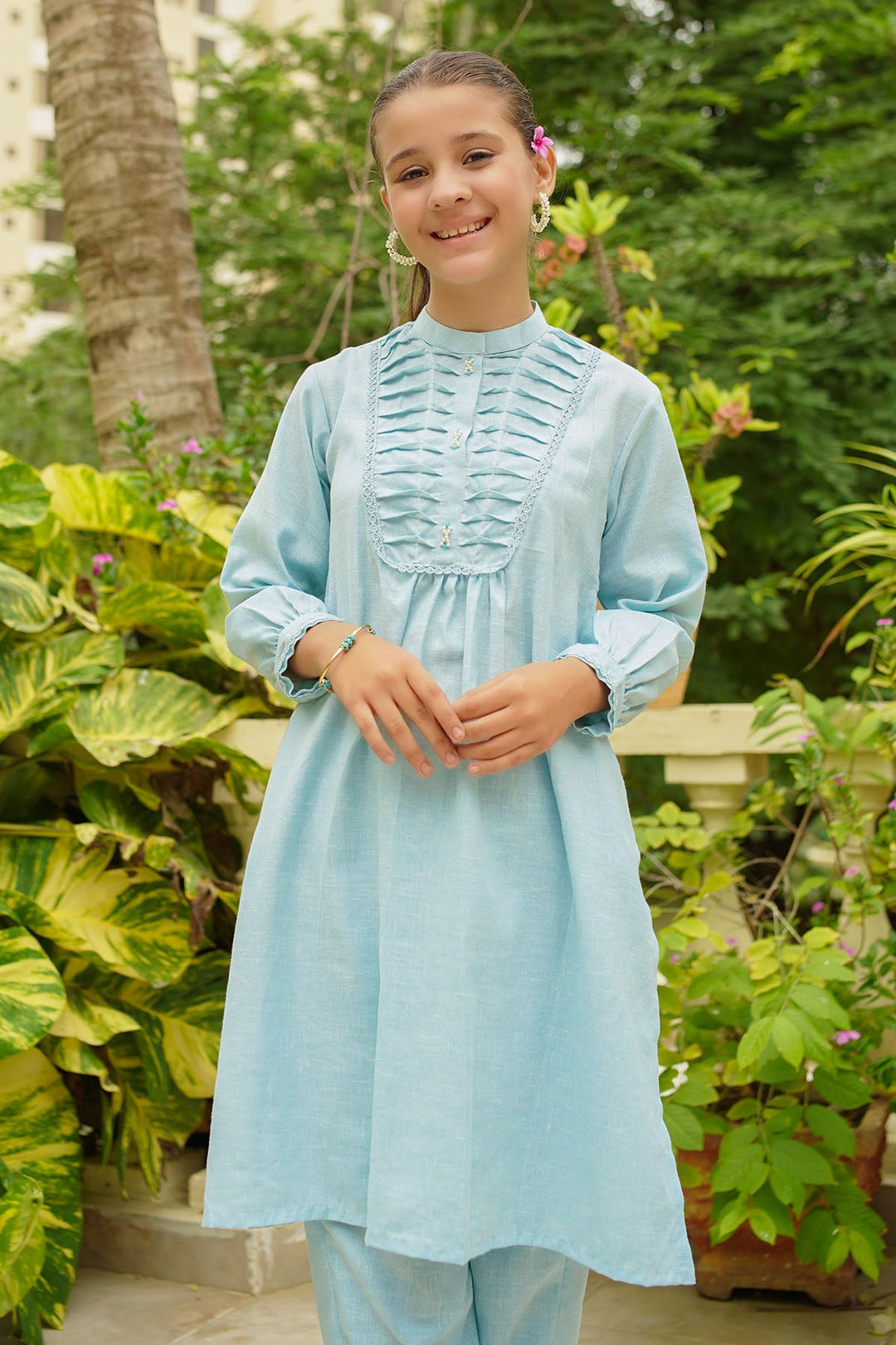 Khaddar Embellished Sky Blue Stitched Suit - Ochre