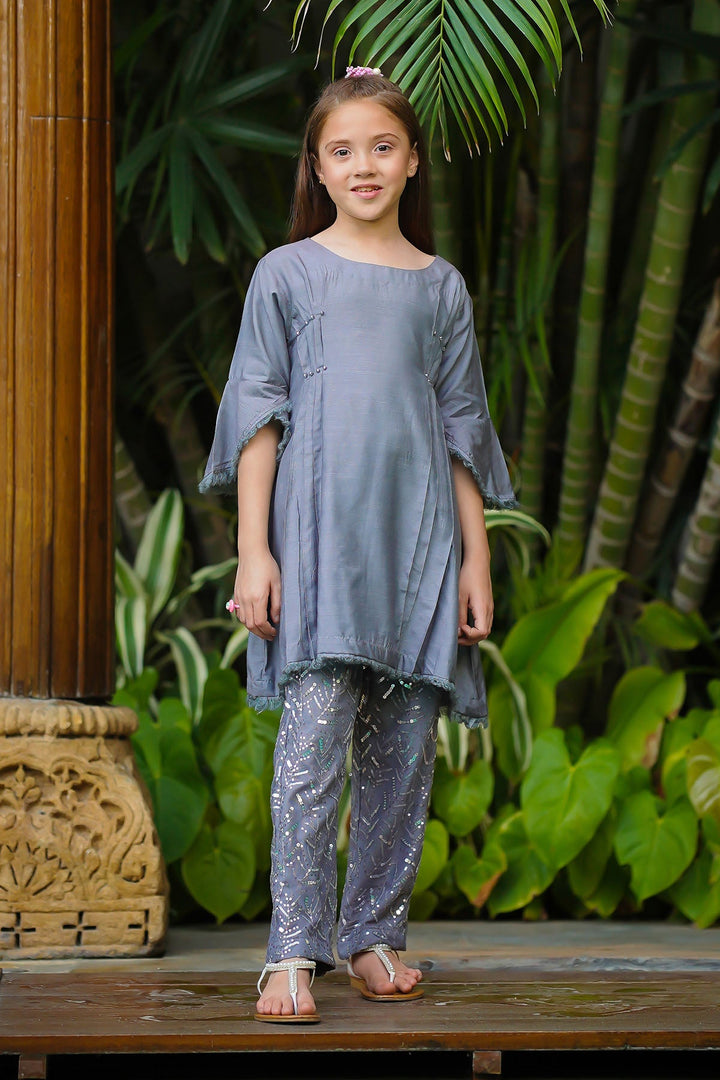 Cotton Silk Embellished Grey Stitched Suit - Ochre