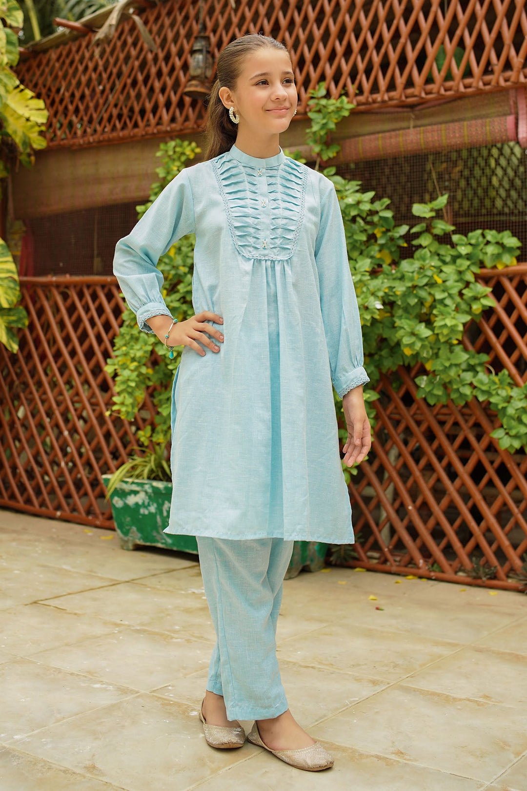 Khaddar Embellished Sky Blue Stitched Suit - Ochre