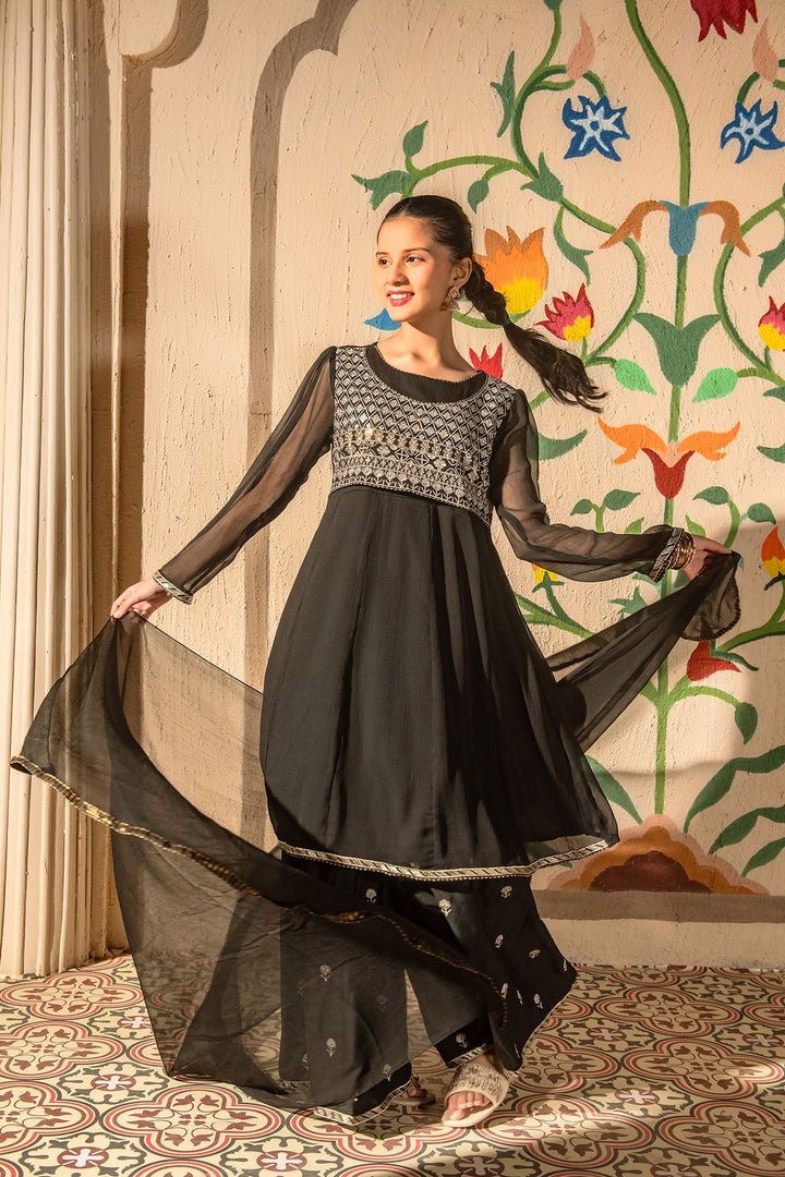 Chiffon Embroidered Black Stitched Suit - Ochre