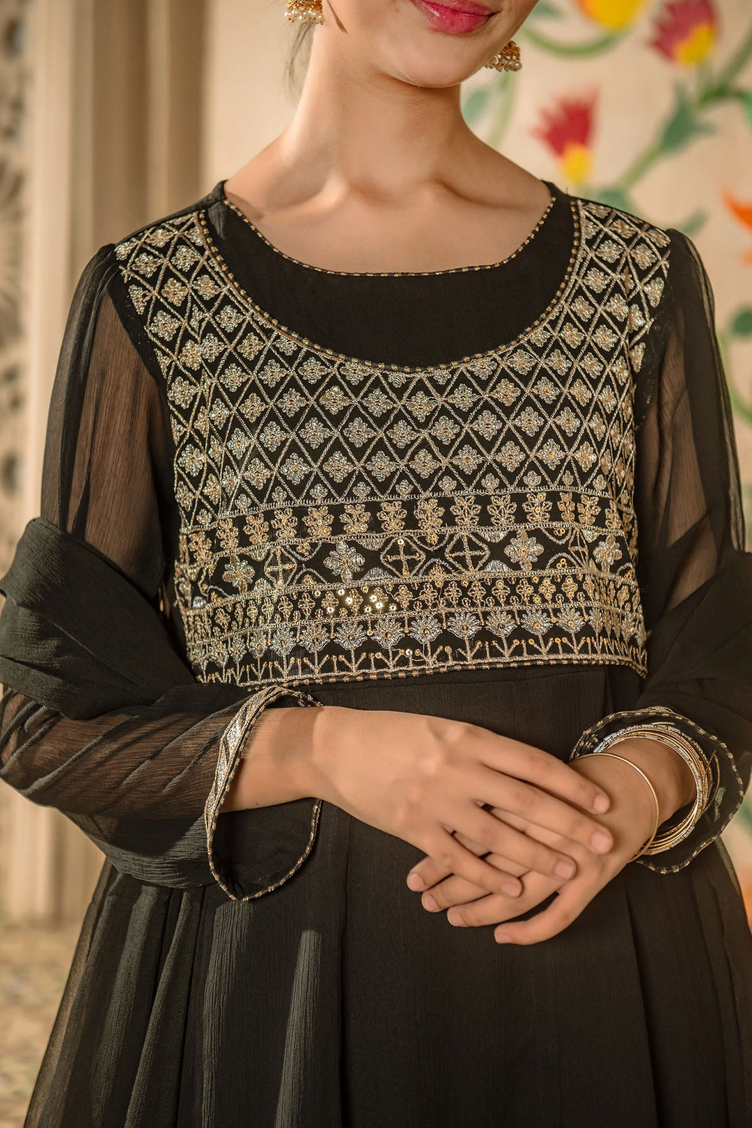 Chiffon Embroidered Black Stitched Suit - Ochre