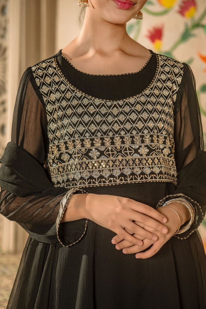 Chiffon Embroidered Black Stitched Suit - Ochre