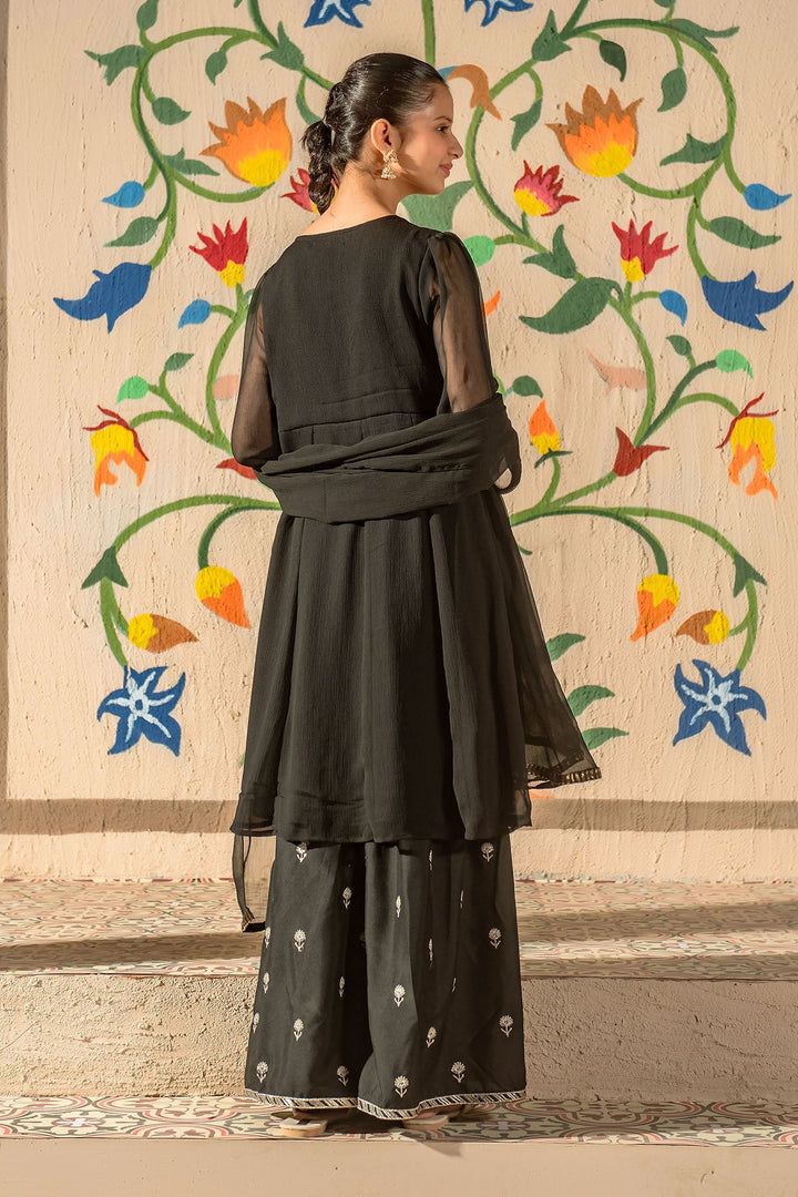 Chiffon Embroidered Black Stitched Suit - Ochre