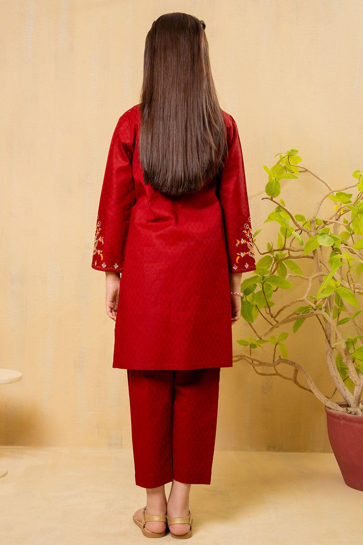 Cotton Embroidered Maroon Stitched Suit - Ochre