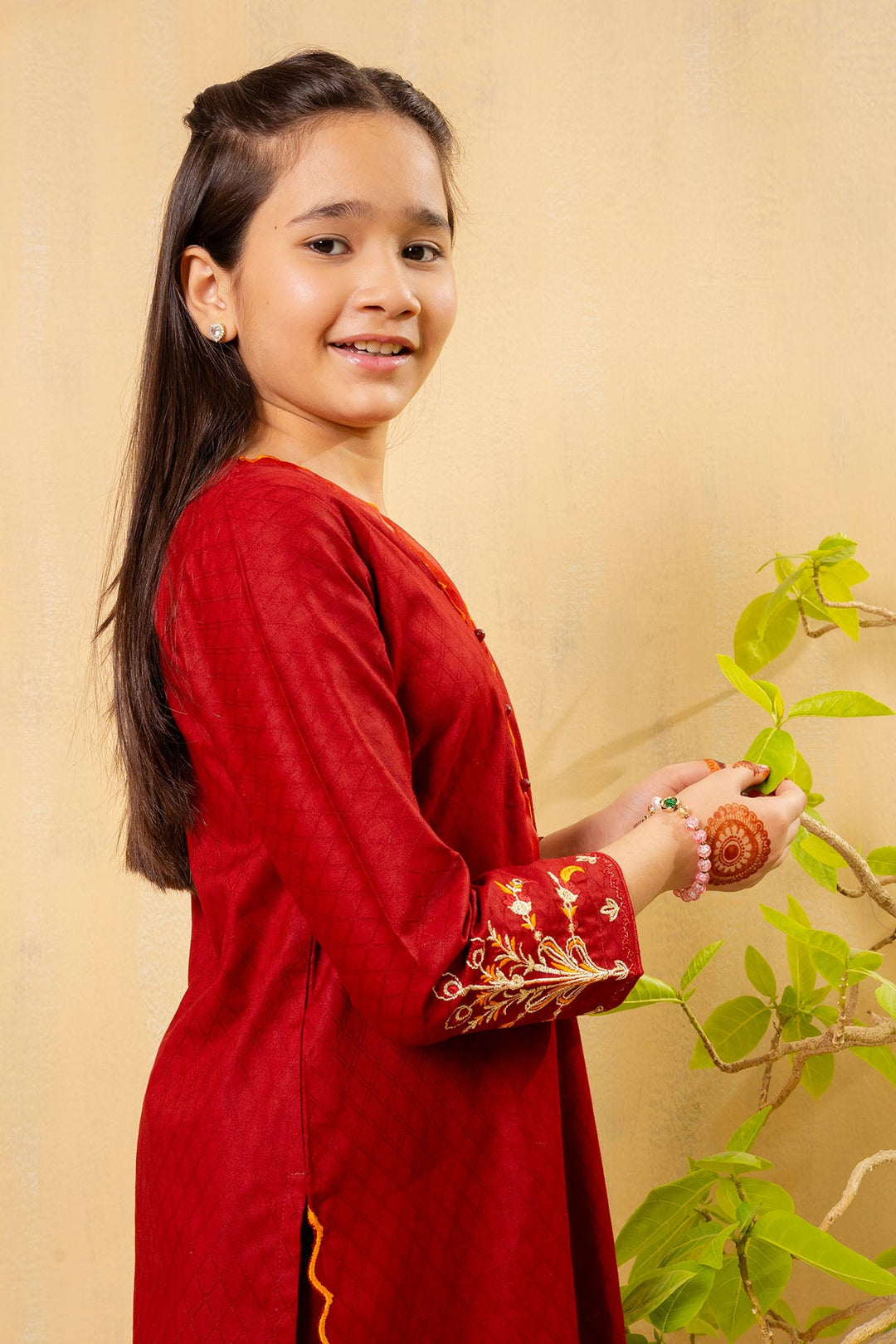 Cotton Embroidered Maroon Stitched Suit - Ochre