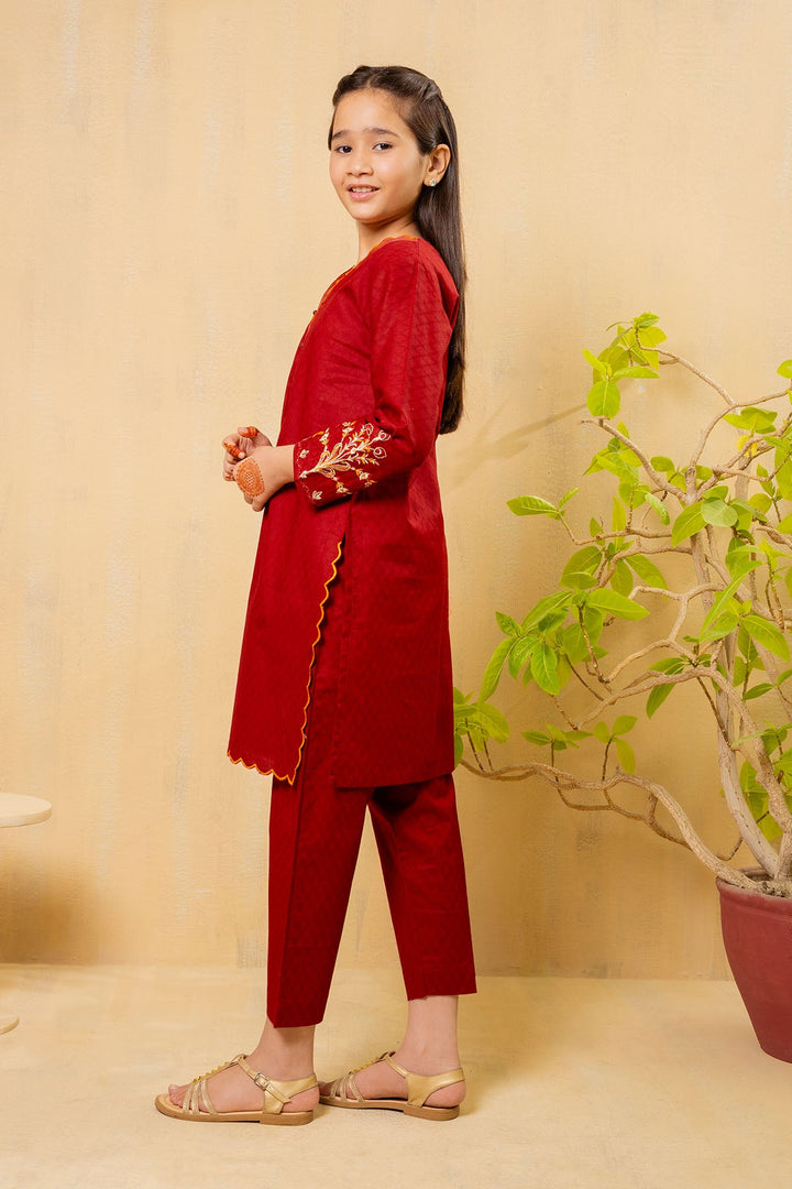 Cotton Embroidered Maroon Stitched Suit - Ochre
