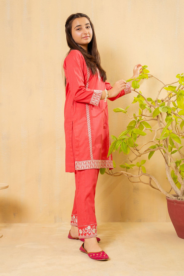 Cotton Embroidered Pink Stitched Suit - Ochre