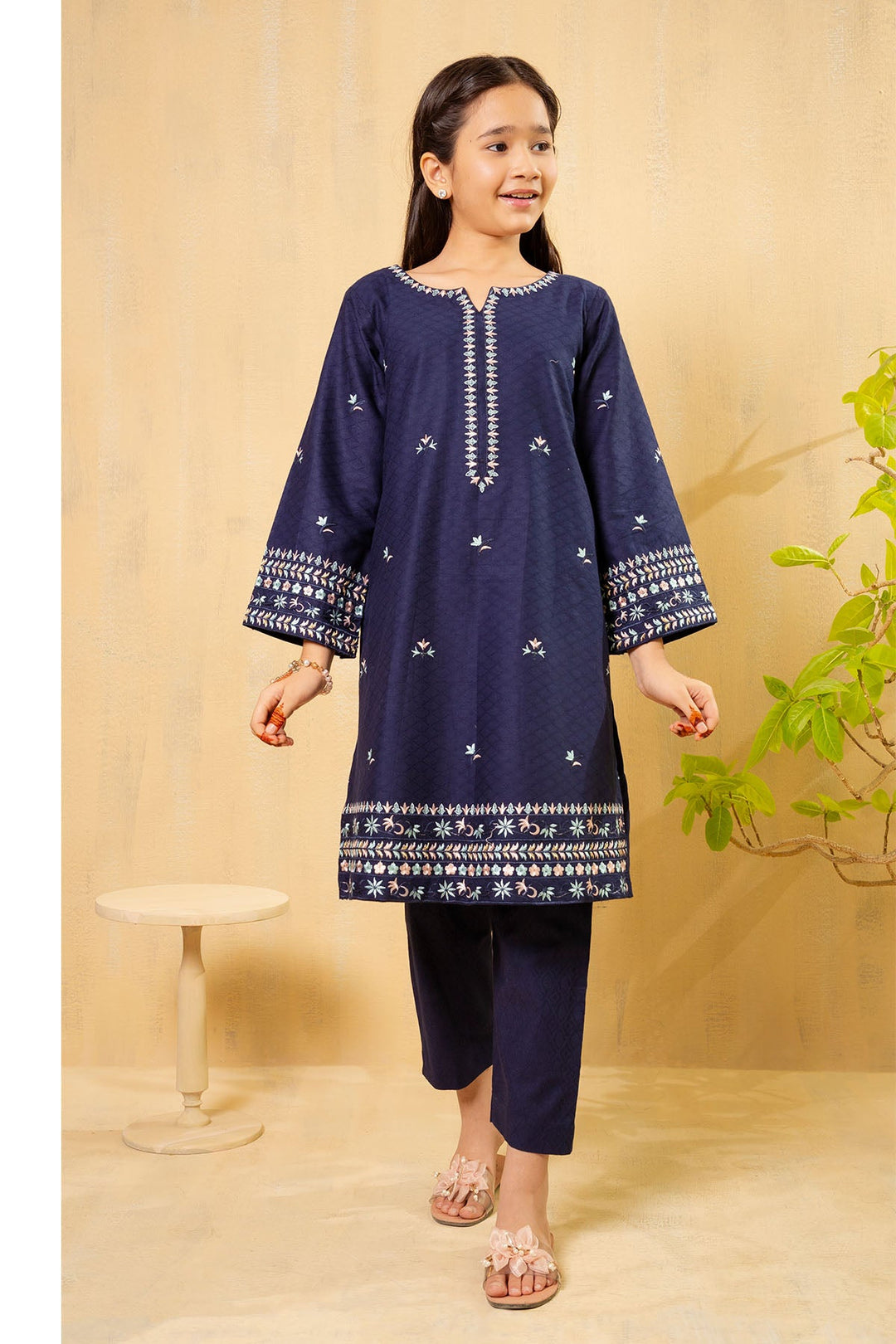Cotton Embroidered Navy Blue Stitched Suit - Ochre