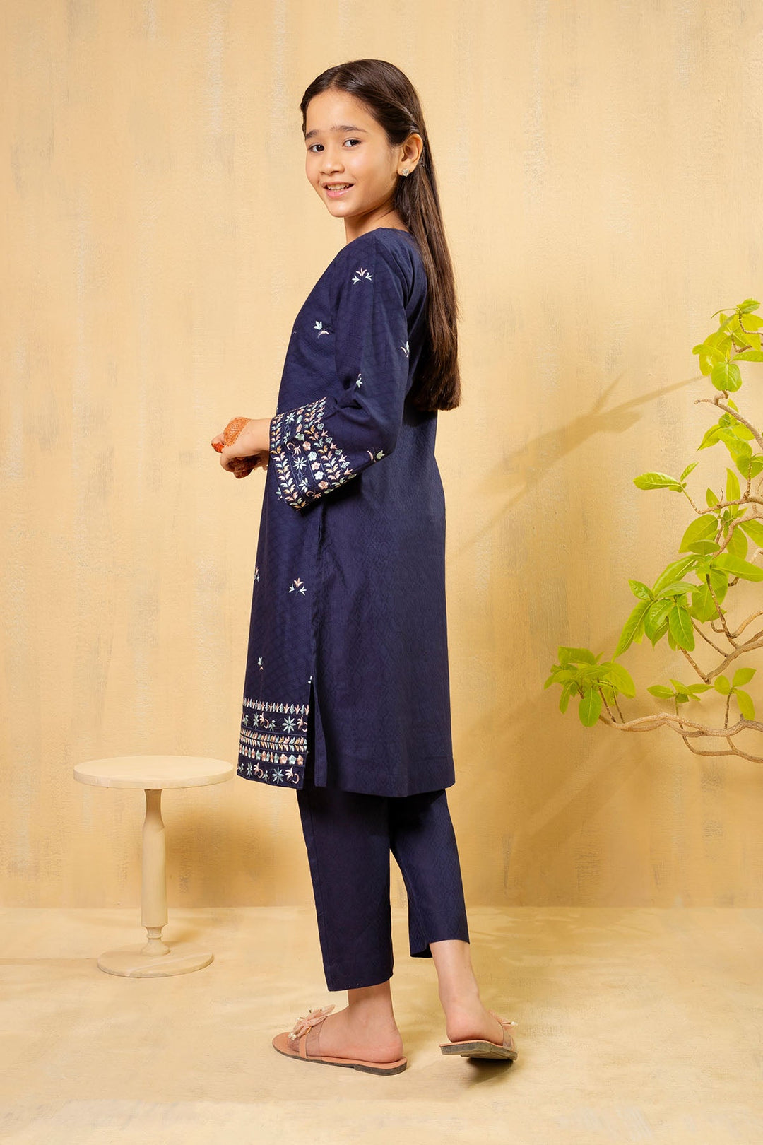 Cotton Embroidered Navy Blue Stitched Suit - Ochre
