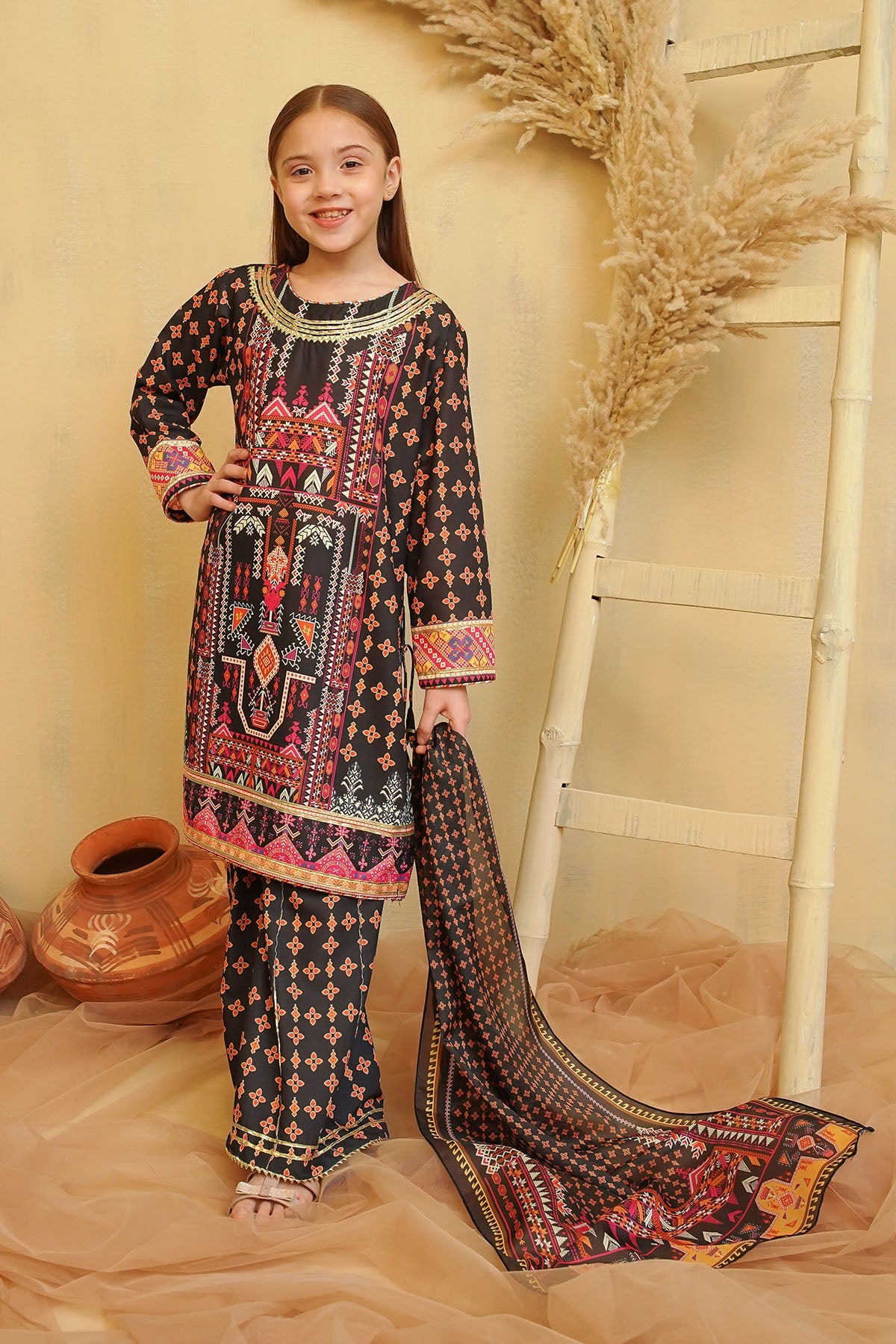 Swiss Lawn Digital Printed Black Stitched Suit - Ochre