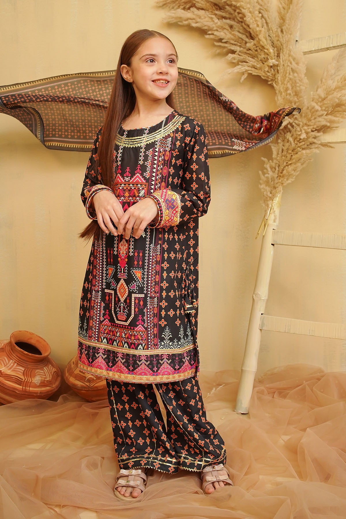 Swiss Lawn Digital Printed Black Stitched Suit - Ochre