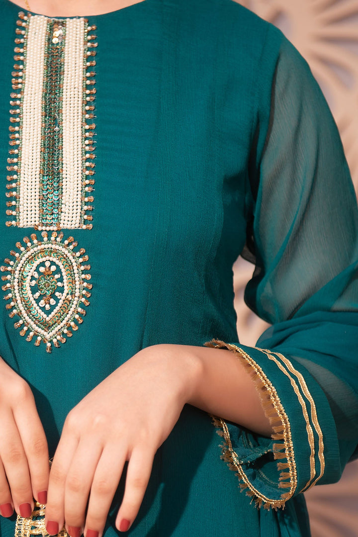 Chiffon Hand Adda Work Emerald Green Stitched Suit - Ochre