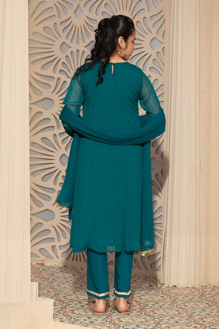 Chiffon Hand Adda Work Emerald Green Stitched Suit - Ochre