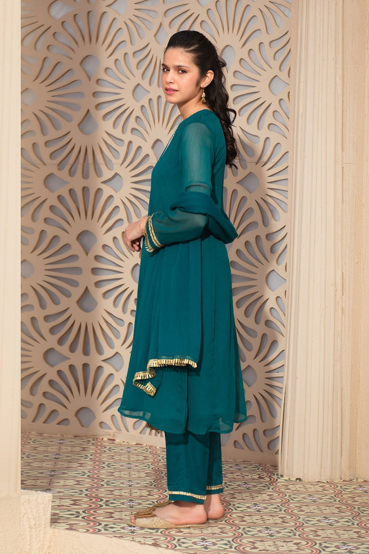Chiffon Hand Adda Work Emerald Green Stitched Suit - Ochre